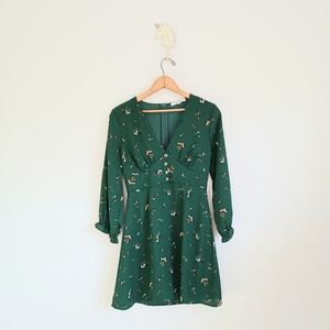 Purple Snow- Women's- Long-sleeved mini dress- Floral- Green- Size small